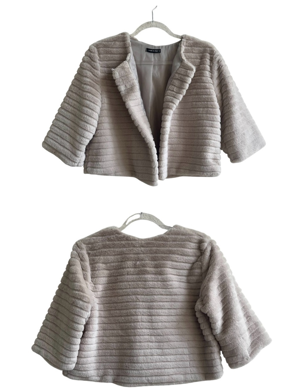Neiman Marcus Faux Fur Short Collarless Quilted Fluted Italian Jacket SZ L